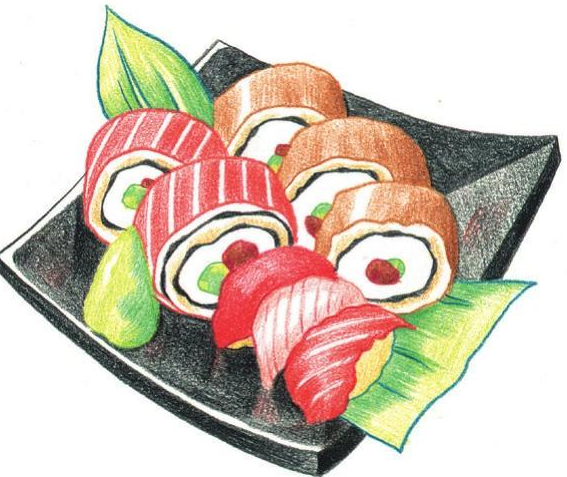 「美食简笔画:色铅笔画」寿司怎么画(涂色)插图 「美食简笔画:色铅笔画」寿司怎么画(涂色)