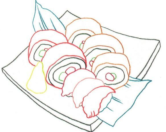 「美食简笔画:色铅笔画」寿司怎么画(涂色)插图2 「美食简笔画:色铅笔画」寿司怎么画(涂色)
