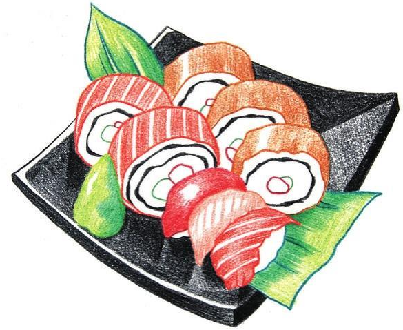 「美食简笔画:色铅笔画」寿司怎么画(涂色)插图5 「美食简笔画:色铅笔画」寿司怎么画(涂色)