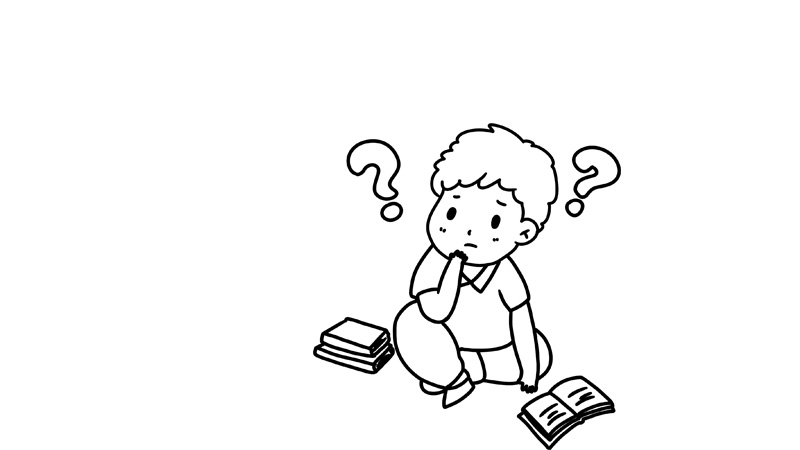 1,中间画一位小男孩坐在地上思考问题.