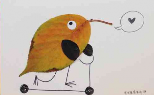 「树叶画手工贴画」滑板小鸟树叶画的简单做法