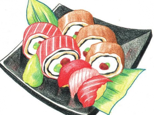 「美食简笔画:色铅笔画」寿司怎么画(涂色)